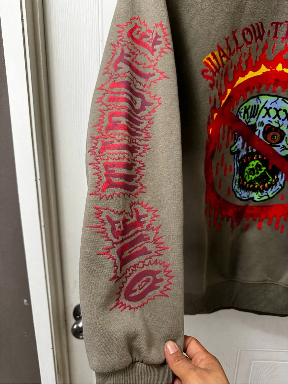 NBA Olive Crewneck Sweatshirt with Red, Yellow & Green Skull Graphic